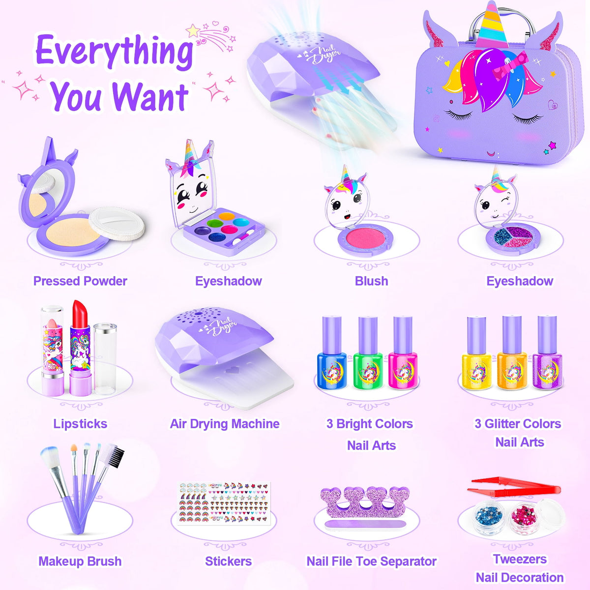 LXUNLN Kids Makeup Kit for Girls Ages 3-12, 2-in-1 Nail Salon Set with Unicorn Case(Purple)