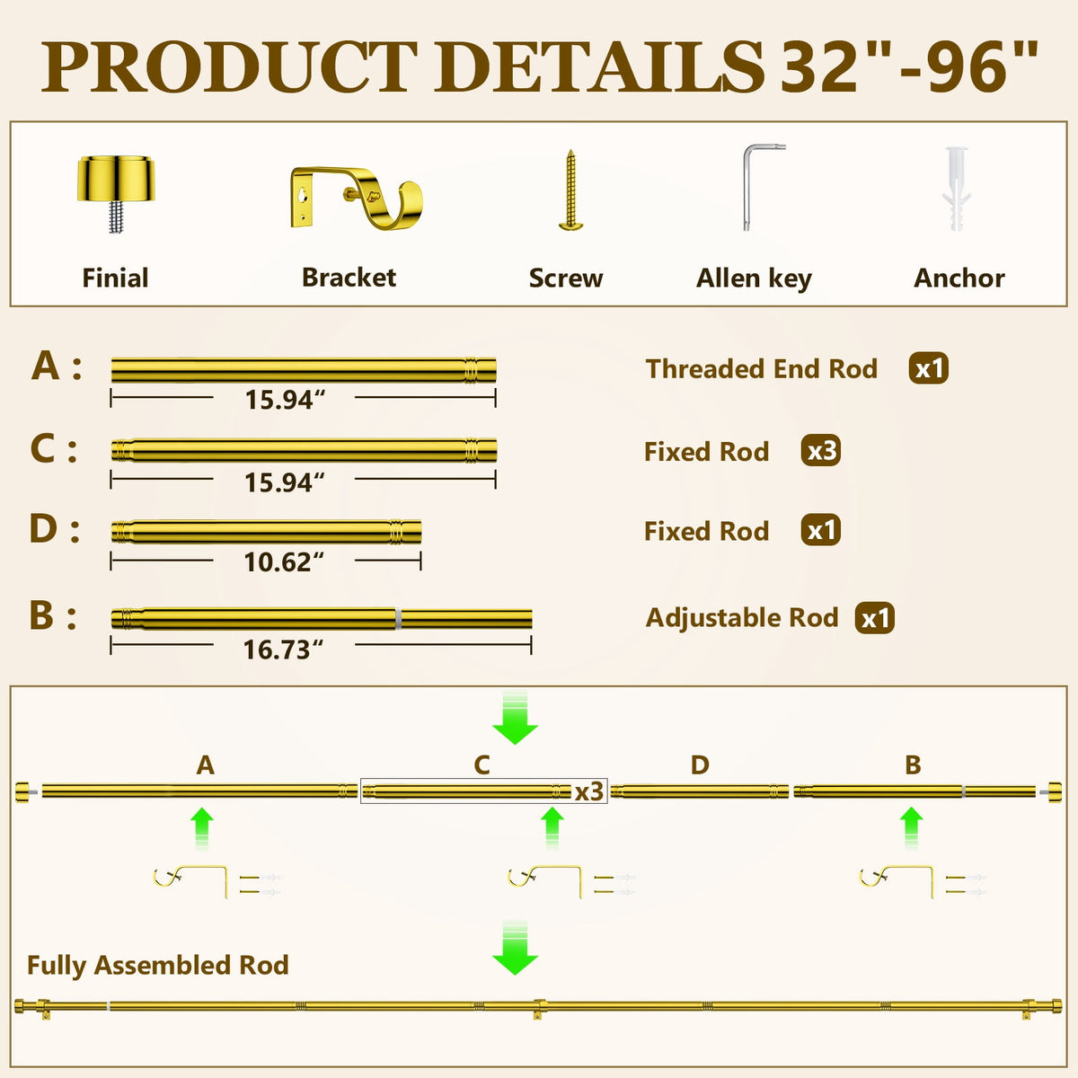 2 Pack Heavy Duty Adjustable Curtain Rods for Windows, 1-Inch Diameter Curtain Rod, 32-96 Inches (Gold)
