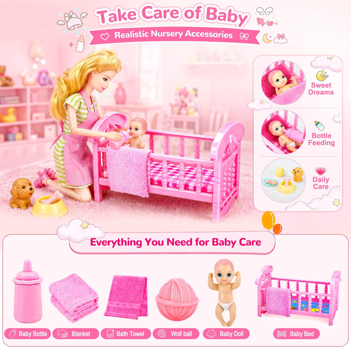 LXUNLN 96PCS Doll Family Playset with Baby, Stroller, Crib & Doll Clothes for Girls ages 3+