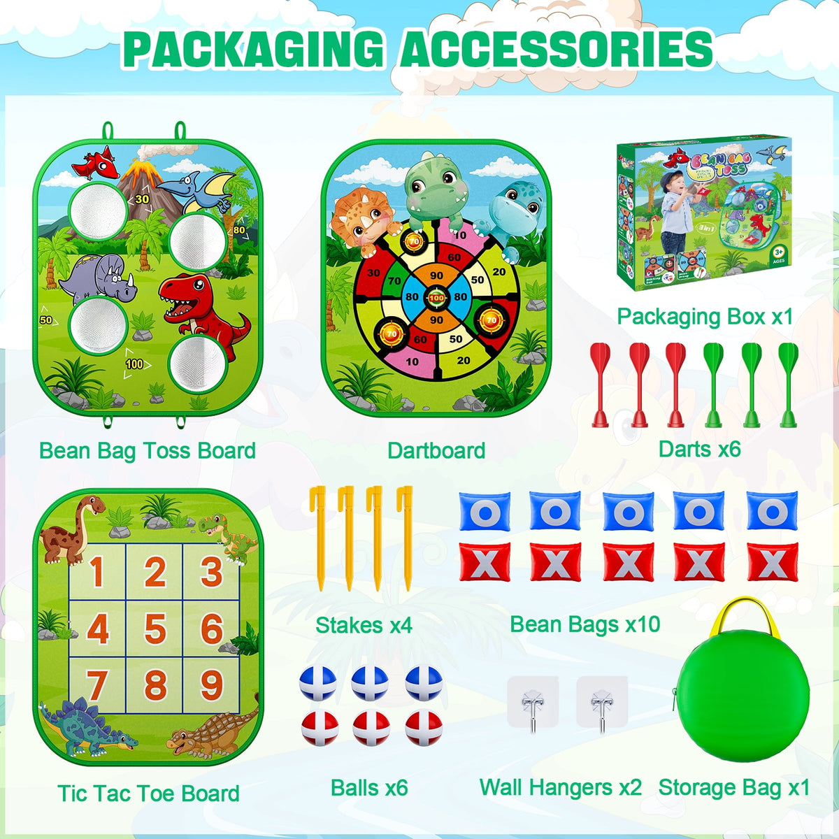 2-in-1 Dinosaur Bean Bag Toss Game, HXFOU Cornhole Set with 8 Cornhole Bags, Outdoor Toys for Toddlers 3-5, Backyard & Carnival Yard Games for Kids & Adults