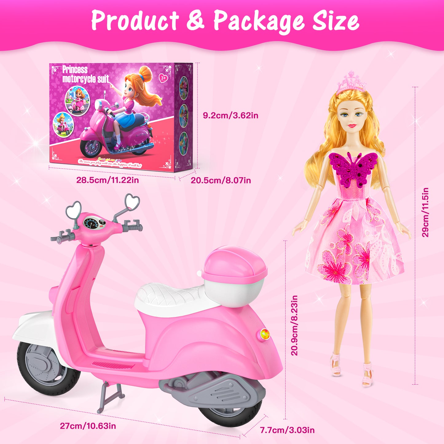 67Pcs Doll Dress Up Playset with Doll, Motorcycle, Skiing & Pet Set, 6 Outfits, 10 Shoes, Gift for Girls