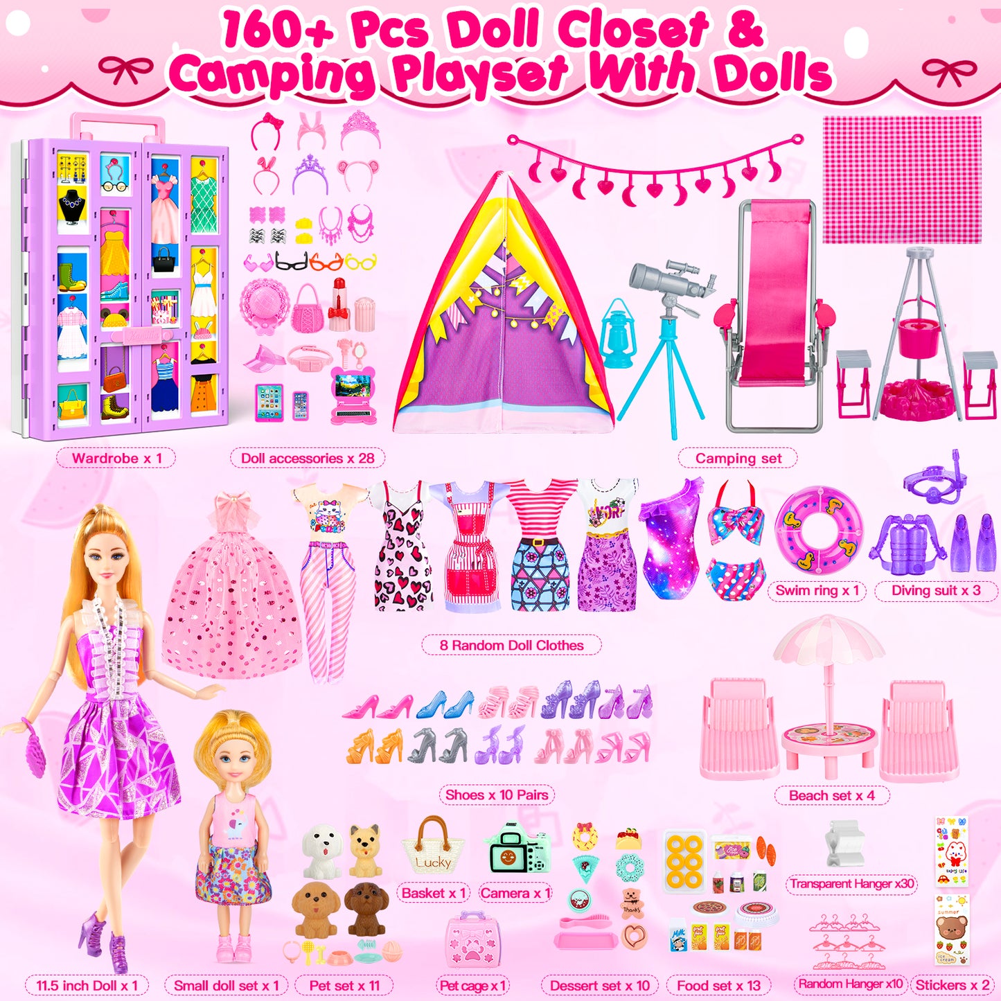 160Pcs Doll Closet Playset for 11.5 Inch Dolls, Camping Tent, Princess Dresses, Swim Outfits, Adorable Dress Up Gift for Girls