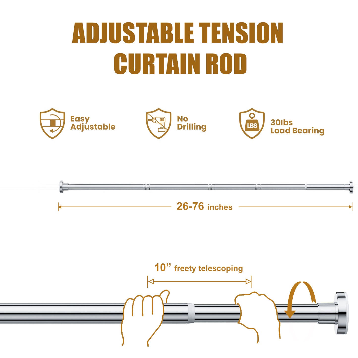 TITGIPE No Drill Spring Tension Shower Curtain Rod - 32-92" Adjustable, Rust-Resistant Stainless Steel, Anti-Skid Design for Bathroom/Closet