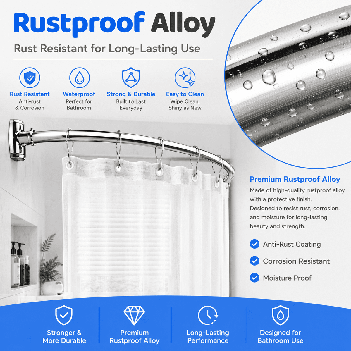 Sicabi Curved Shower Curtain Rod, 45-72" Adjustable Rustproof Steel Tension Rod,Drill Required, Silver