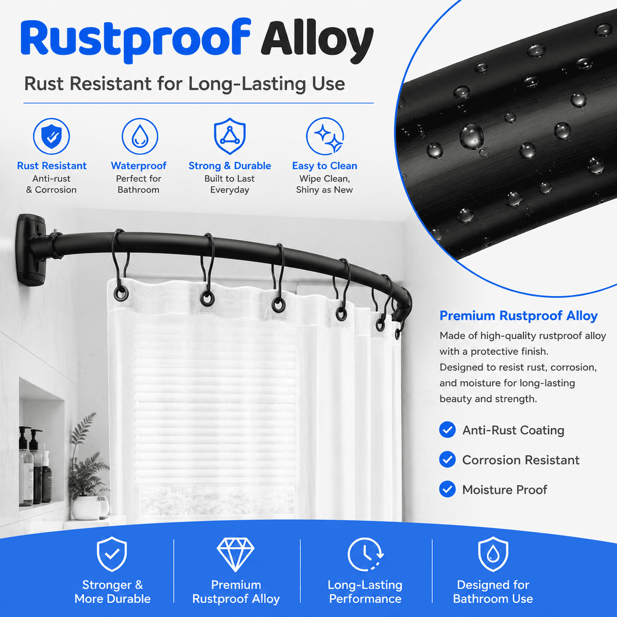 Sicabi Curved Shower Curtain Rod, 45-72" Adjustable Rustproof Steel Tension Rod,Drill Required, Black