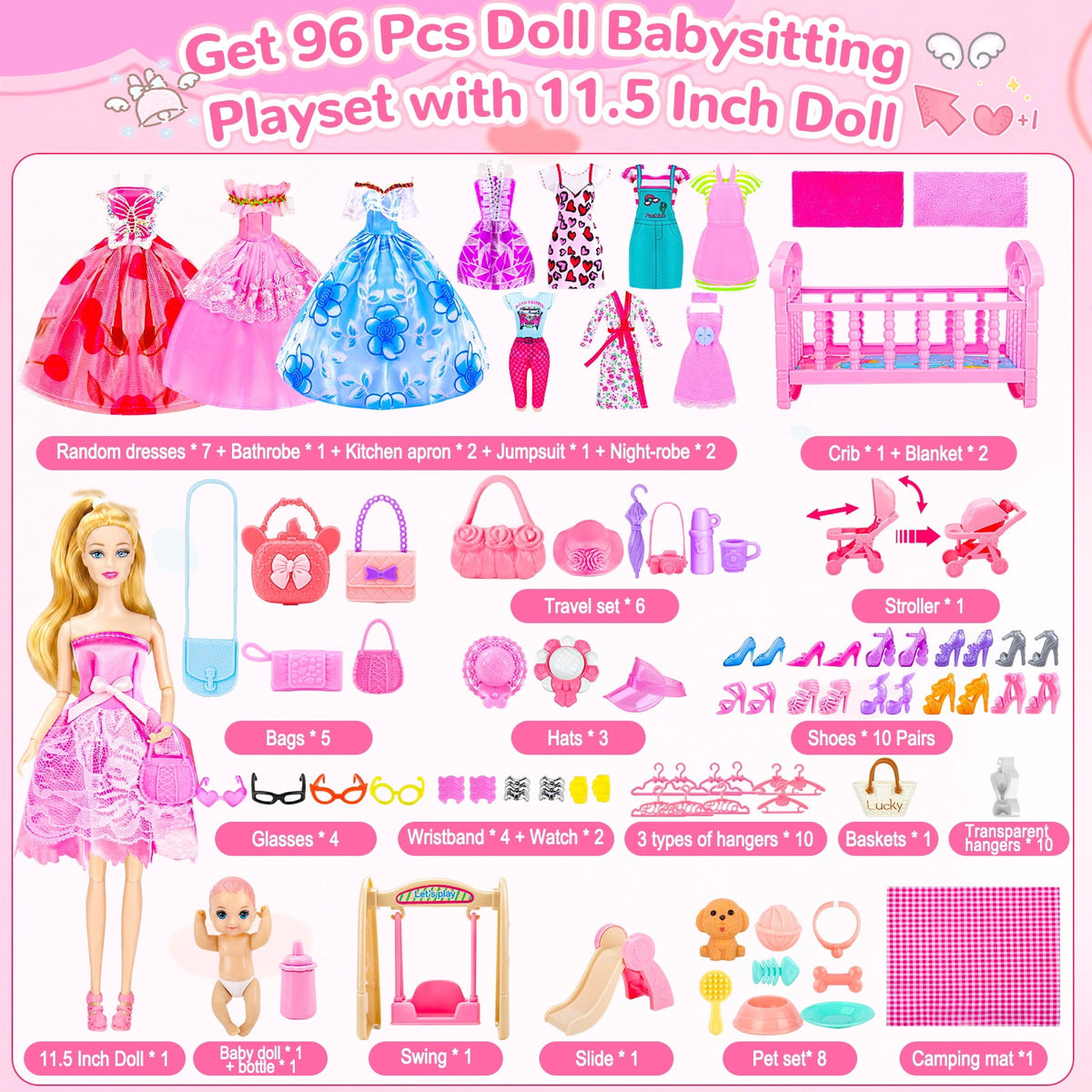 LXUNLN 96PCS Doll Family Playset with Baby, Stroller, Crib & Doll Clothes for Girls ages 3+