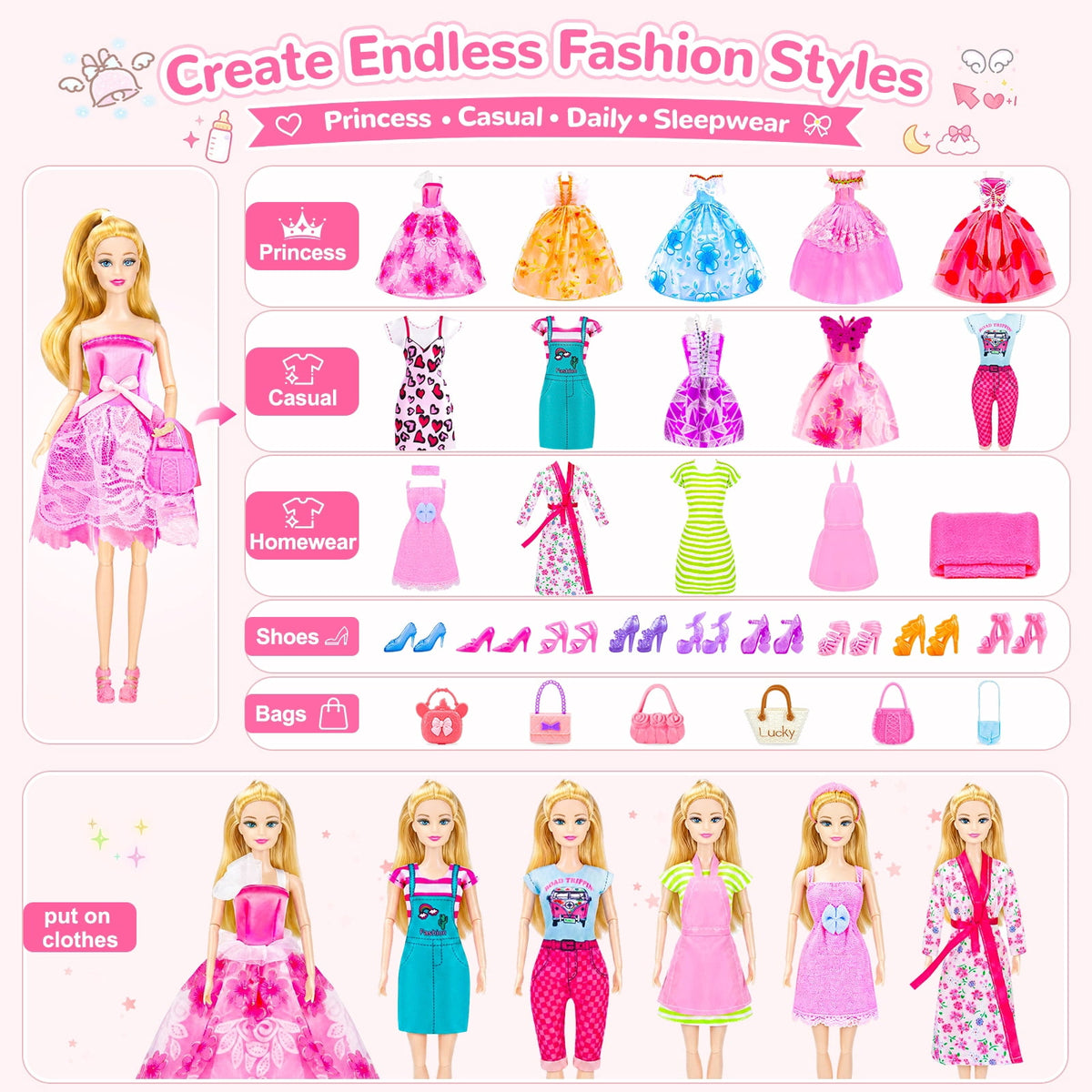 LXUNLN 96PCS Doll Family Playset with Baby, Stroller, Crib & Doll Clothes for Girls ages 3+