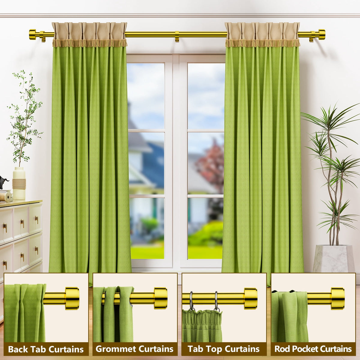2 Pack Heavy Duty Adjustable Curtain Rods for Windows, 1-Inch Diameter Curtain Rod, 32-150 Inches (Gold)