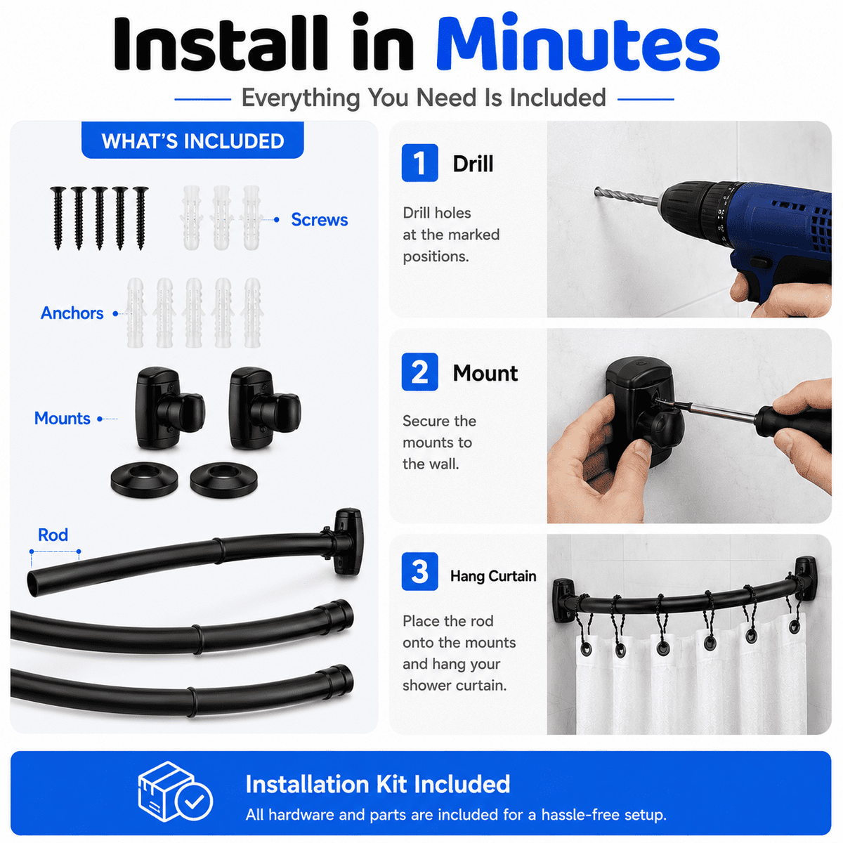 Sicabi Curved Shower Curtain Rod, 45-72" Adjustable Rustproof Steel Tension Rod,Drill Required, Black