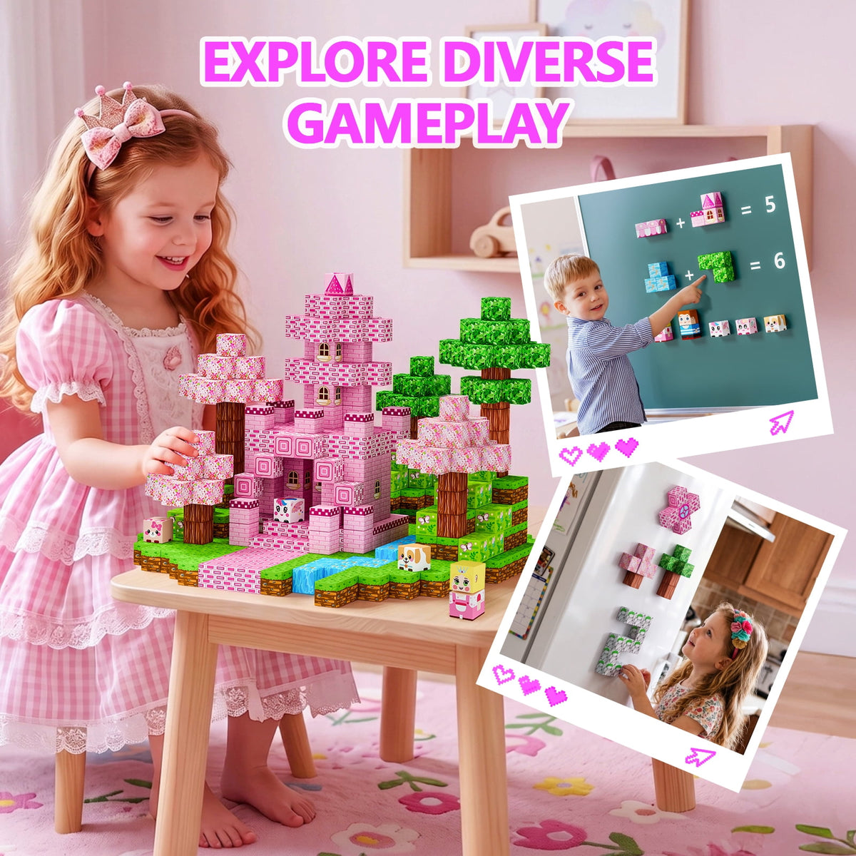 HXFOU 150PCS Pink Castle Magnetic Building Blocks for Kids, STEM Magnetic Cubes Blocks Toyfor Kids Ages 3+