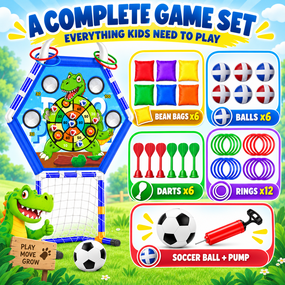 HXFOU 5-in-1 Kids Outdoor Toss Game Set with Soccer Goal Ring Toss Dart Board Indoor Outdoor Toys Ages 3+