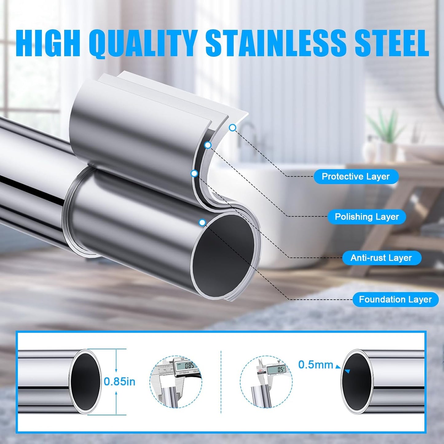 TITGIPE No Drill Telescopic Shower Curtain Rod | 32-92" Adjustable Spring Tension Rod with Anti-Skid Design | Rust-Resistant Stainless Steel for Bathroom