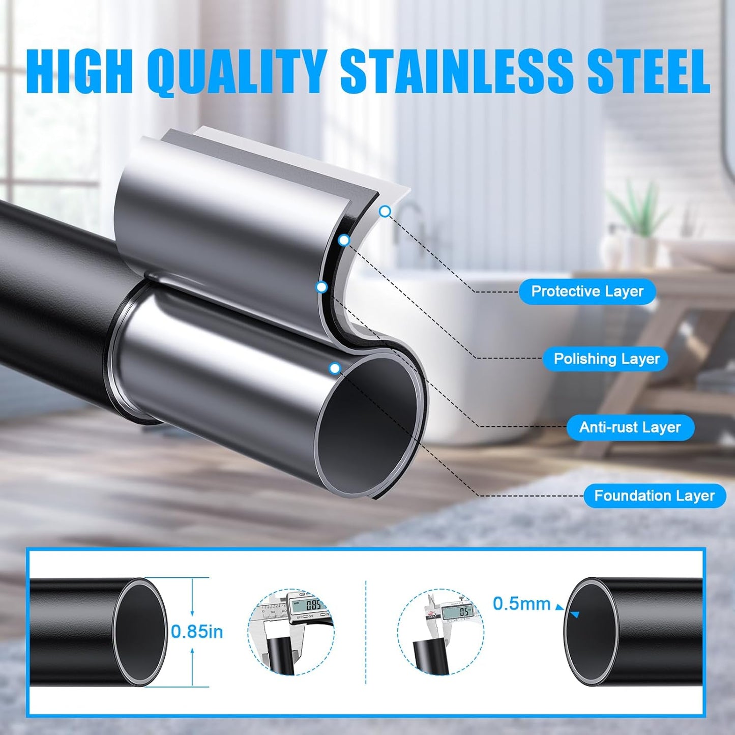 TITGIPE No Drill Telescopic Shower Curtain Rod | 32-92" Adjustable Spring Tension Rod with Anti-Skid Design | Rust-Resistant Stainless Steel for Bathroom