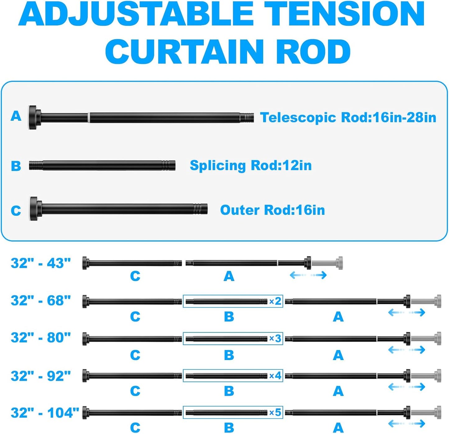 TITGIPE No Drill Telescopic Shower Curtain Rod | 32-92" Adjustable Spring Tension Rod with Anti-Skid Design | Rust-Resistant Stainless Steel for Bathroom