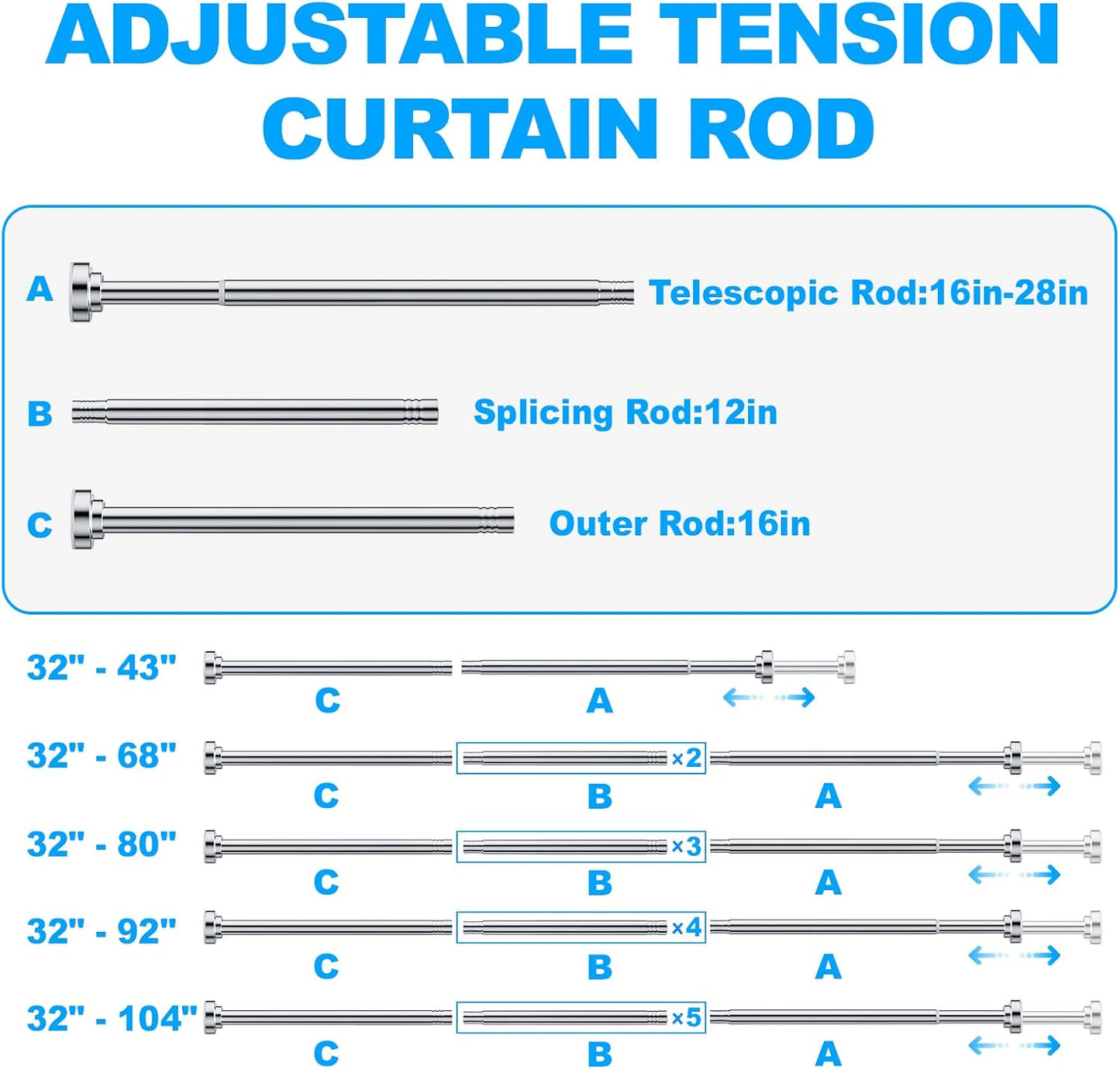 TITGIPE No Drill Telescopic Shower Curtain Rod | 32-68" Adjustable Spring Tension Rod with Anti-Skid Design | Rust-Resistant Stainless Steel for Bathroom