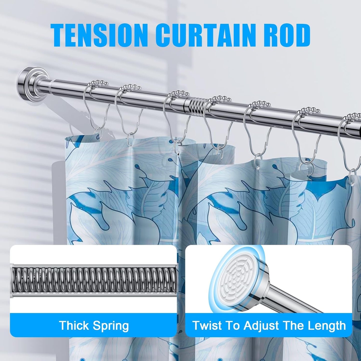 TITGIPE No Drill Telescopic Shower Curtain Rod | 32-92" Adjustable Spring Tension Rod with Anti-Skid Design | Rust-Resistant Stainless Steel for Bathroom