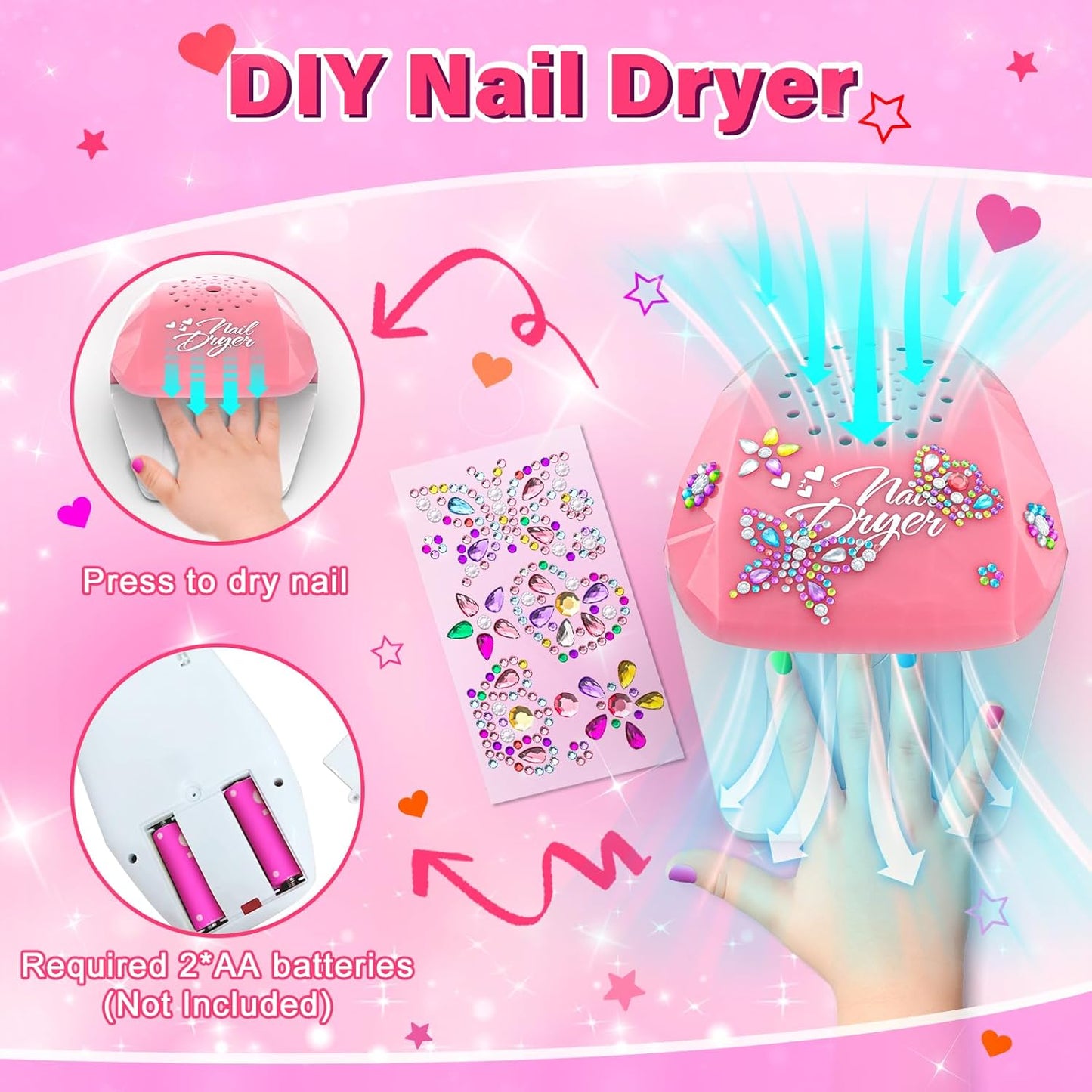 Kids Nail Polish Set for Girls Toys, Washable Quick-Dry Toddler Nail Art Kit with Air Cooling Dryer and Cosmetic Case, Christmas or Birthday Gifts for Girls Ages 3 4 5 6 7 9 10 11 12-Pink