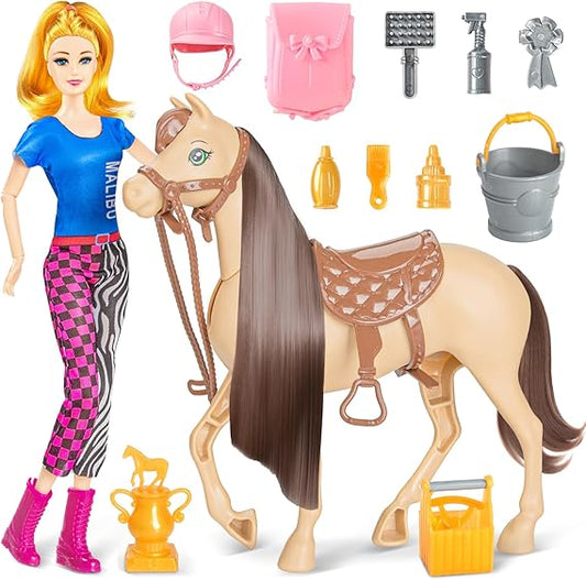 60 PCS Doll Horse Set Toy, Fashion Blonde Doll(11.5 Inch) in Riding Helemt Doll Accessories & Light Brown Horse with Moveable Head, Saddle, Bridle and Reins, for Ages 3 Years Old & Up