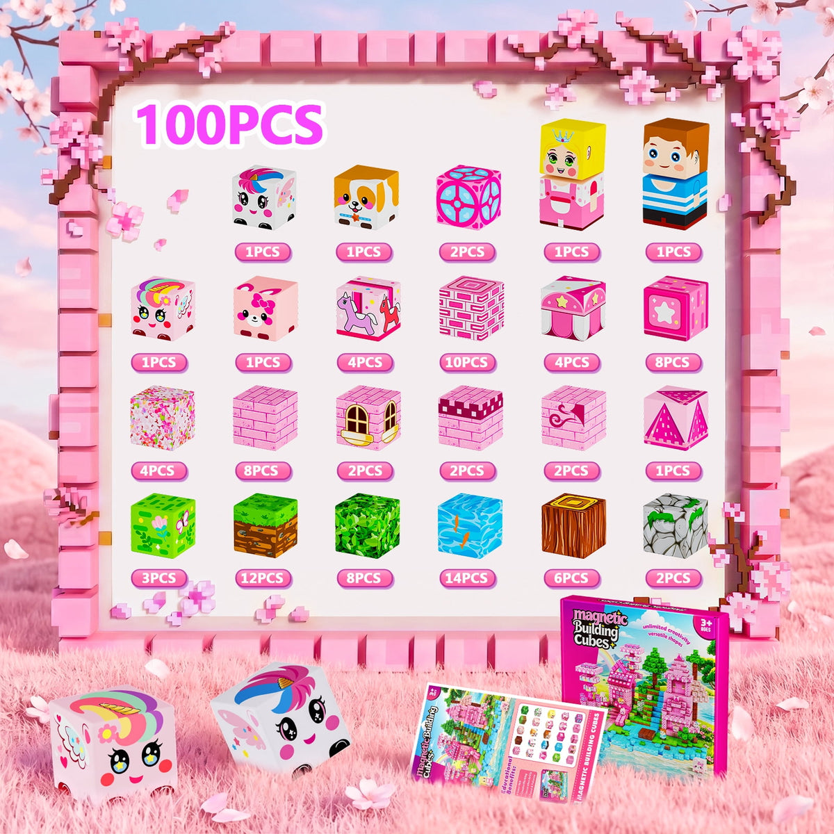 HXFOU 100PCS Pink Castle Magnetic Blocks for Kids Ages 3-12, Magnetic Building Cubes Set, Strong Magnet Building Blocks,  STEM Magnetic Toys for Girls