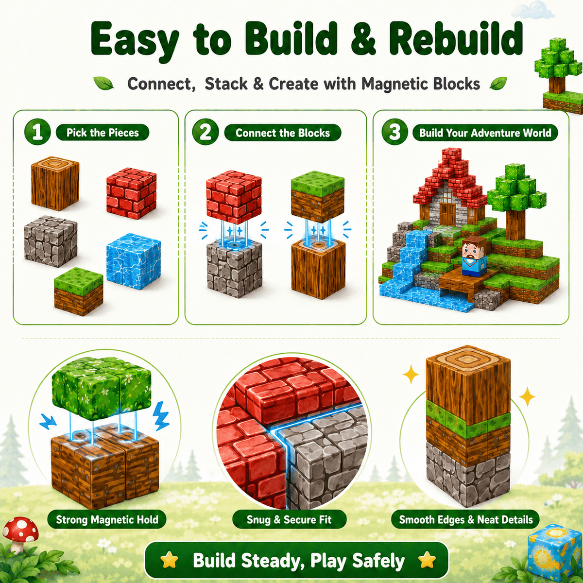 HXFOU 150PCS Forest Castle Magnetic Blocks , Magnetic Building Cubes Set with Strong Magnets, STEAM Building Blocks Toy Set with Forest Theme for Kids