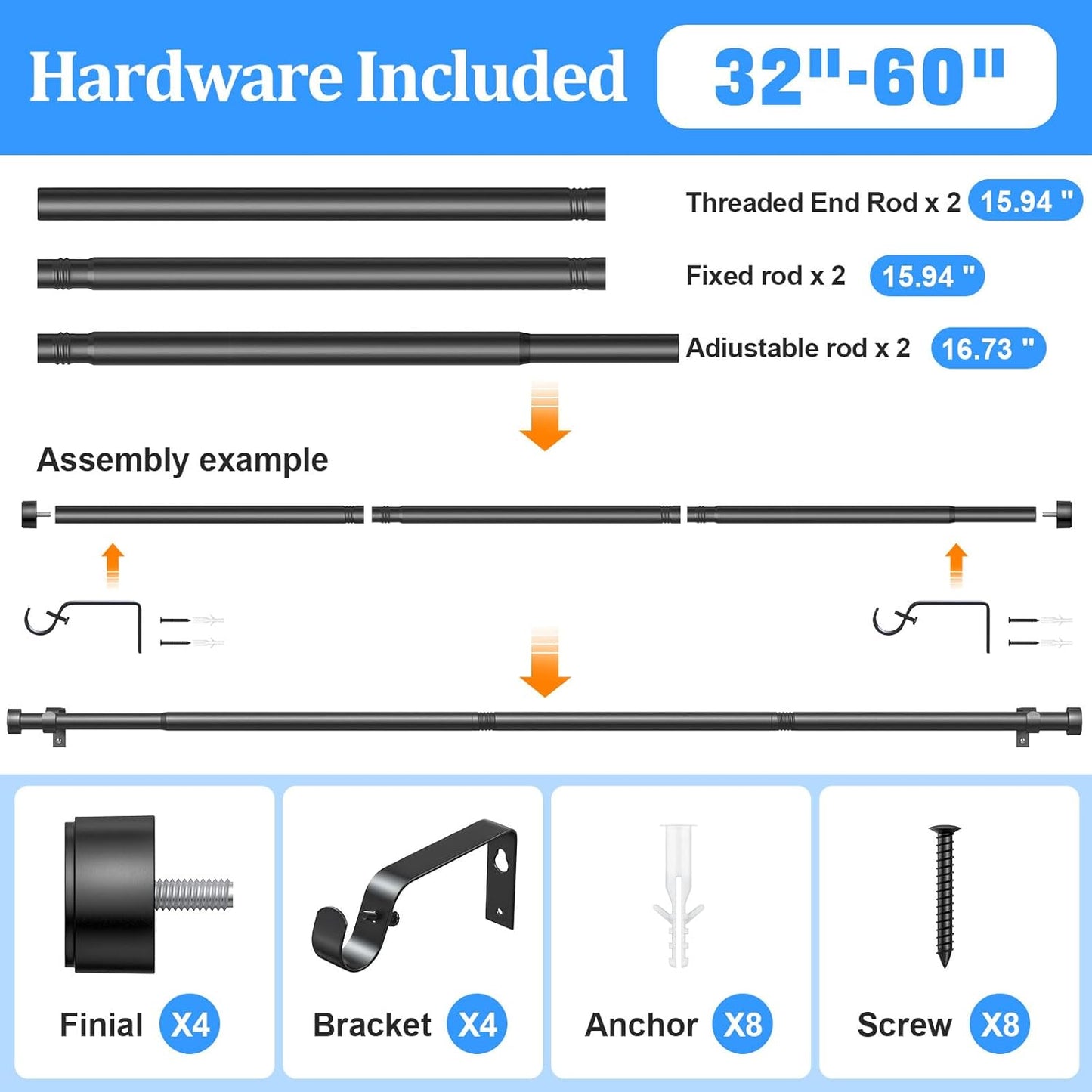 2 Pack 1 Inch Black Heavy Duty Adjustable Curtain Rods 32-120 Inch, Window Drapery Rod Set for Patio Bedroom