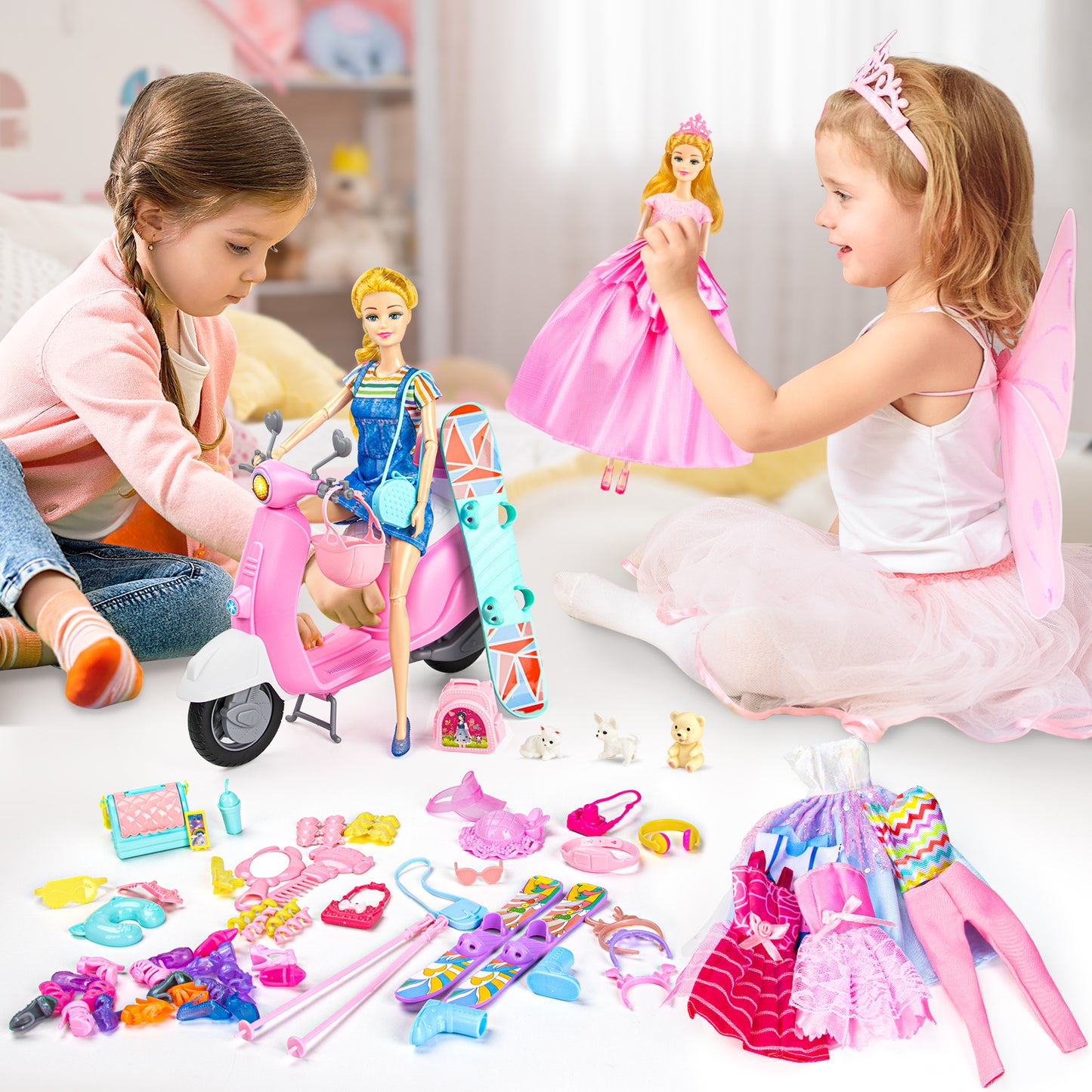 67Pcs Doll Dress Up Playset with Doll, Motorcycle, Skiing & Pet Set, 6 Outfits, 10 Shoes, Gift for Girls