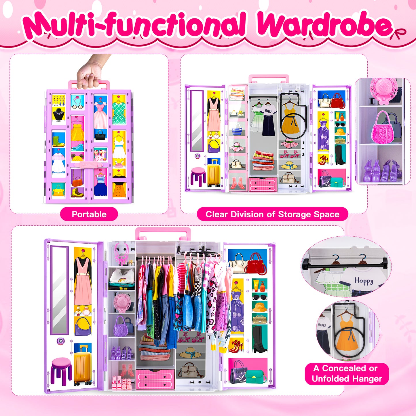 160Pcs Doll Closet Playset for 11.5 Inch Dolls, Camping Tent, Princess Dresses, Swim Outfits, Adorable Dress Up Gift for Girls
