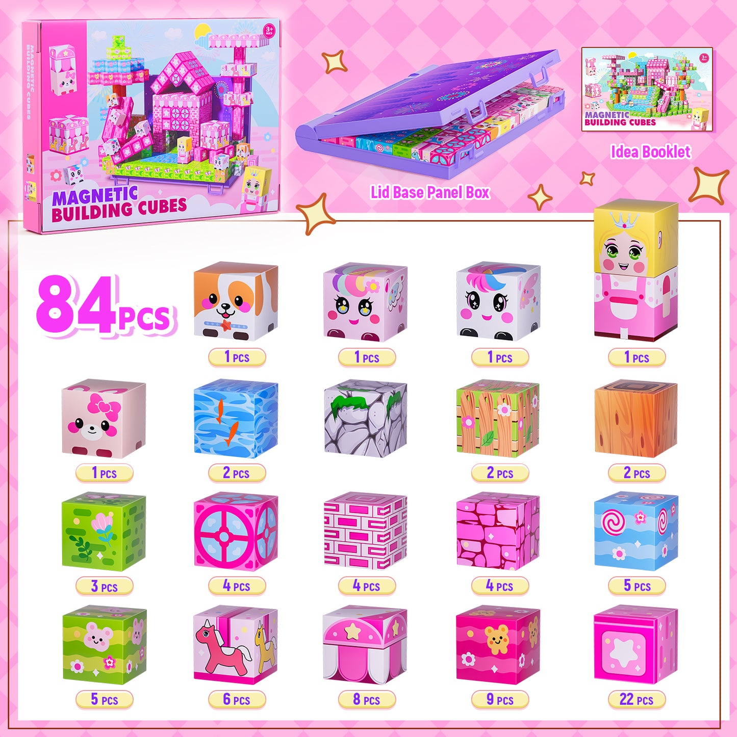 Princess Magnetic Blocks 84PCS Magnetic Building Cube Game, Constructions Toys for Boys & Girls Age 3-4, 5 6 7 8 9 10, Sensory Tiles Building Birthday for Toddlers