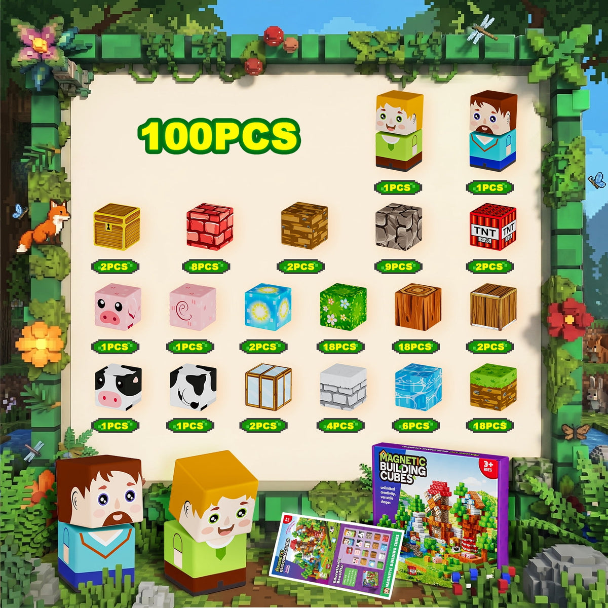 HXFOU 100PCS Forest Castle Magnetic Building Blocks, STEM Building Blocks Toy for Kids Ages 3+