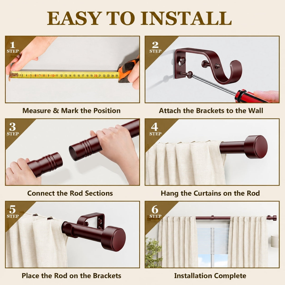 2 Pack Heavy Duty Adjustable Curtain Rods for Windows, 1-Inch Diameter Curtain Rod, 32-120 Inches (Brown)