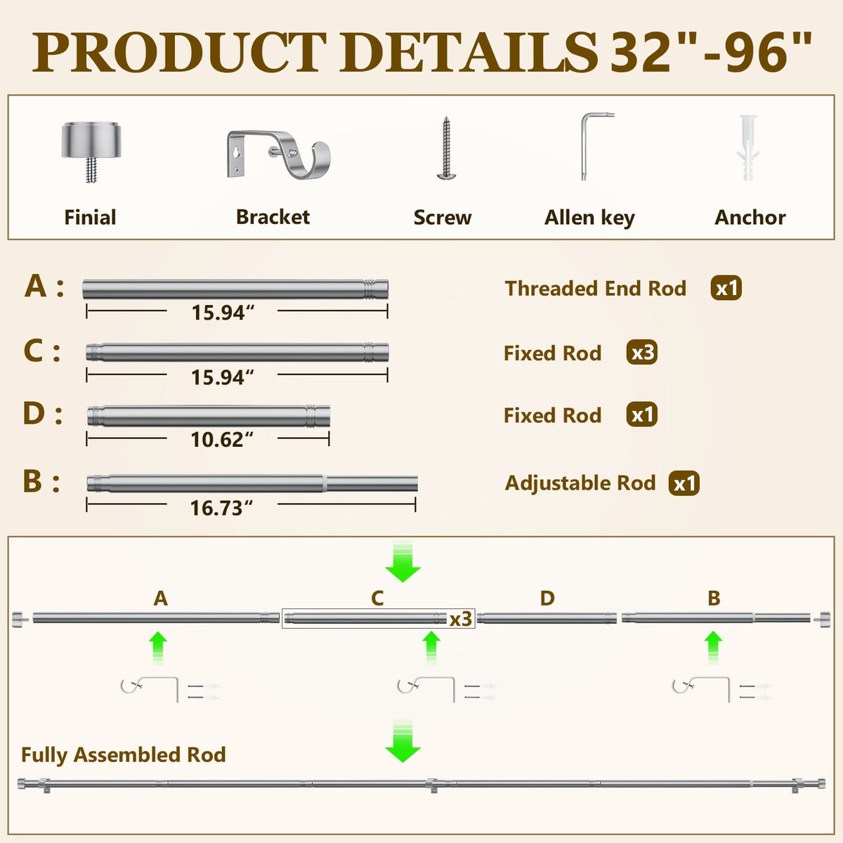 Heavy Duty Adjustable Curtain Rods for Windows, 1-Inch Diameter Curtain Rod, 32-96 Inches (Slive)