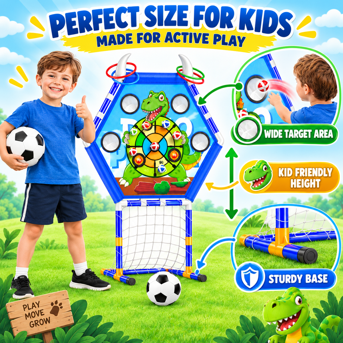 HXFOU 5-in-1 Kids Outdoor Toss Game Set with Soccer Goal Ring Toss Dart Board Indoor Outdoor Toys Ages 3+
