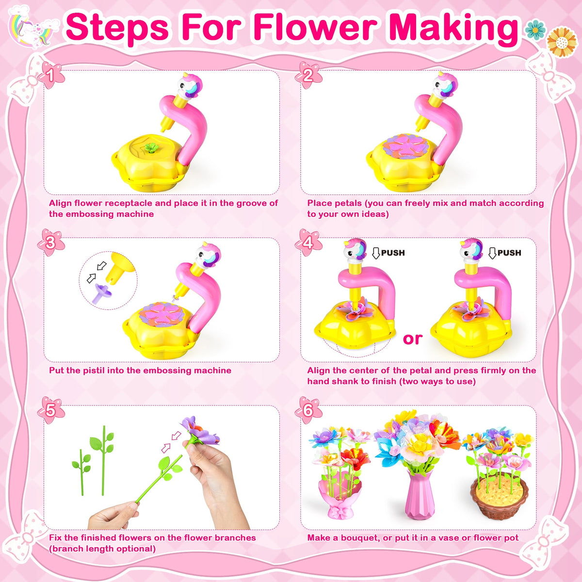 HXFOU DIY Unicorn Craft Kit for Girls Ages 3-12, Girls Flower Making Kit with Lighted Vase, DIY Fabric Flower Bouquet Arts and Crafts Set, Unicorn Gifts for Girls, Pink