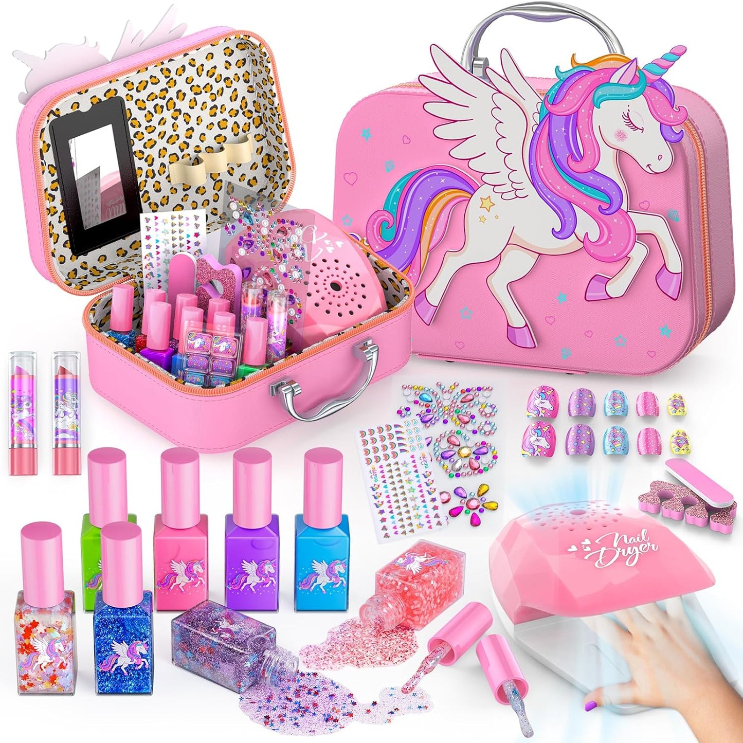 Kids Nail Polish Set for Girls Toys, Washable Quick-Dry Toddler Nail Art Kit with Air Cooling Dryer and Cosmetic Case, Christmas or Birthday Gifts for Girls Ages 3 4 5 6 7 9 10 11 12-Pink