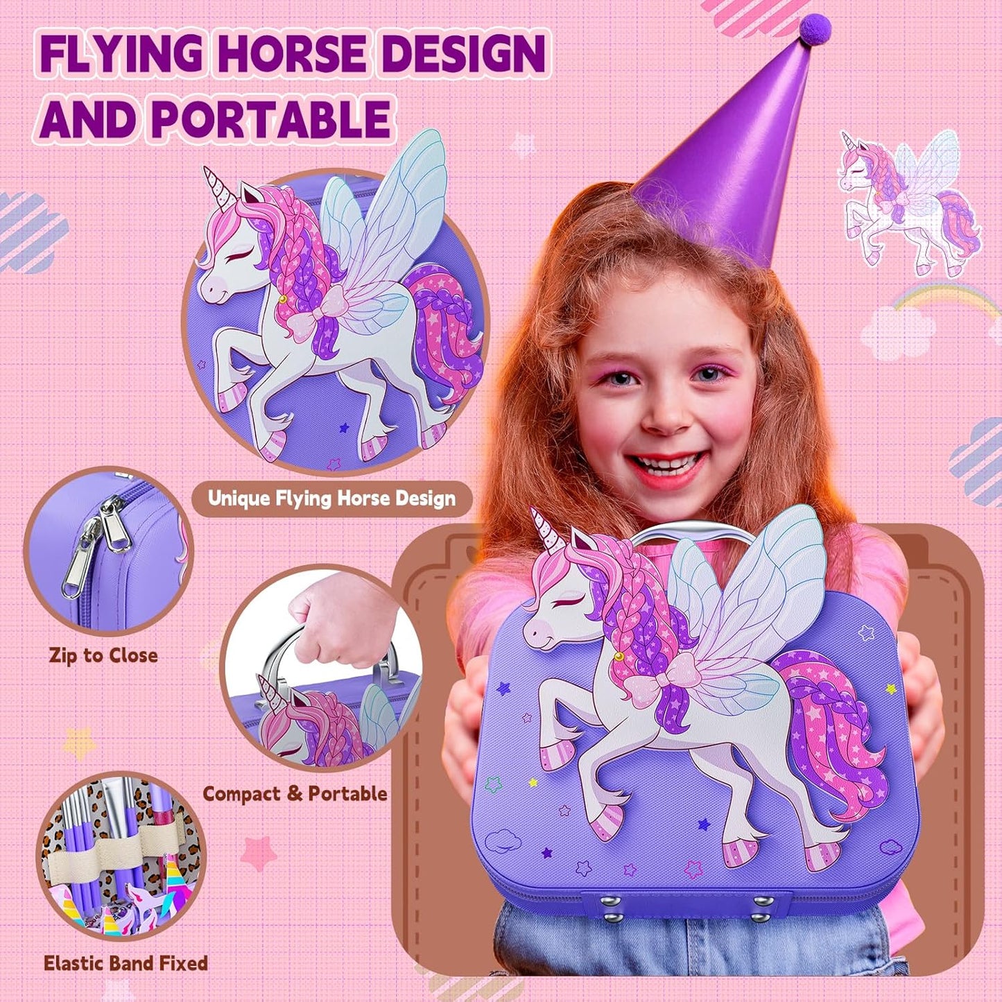 Kids Makeup Kit for Girl - Girls Makeup Kit Toys with Flying Horse Storage Case, Kids Play Makeup Set for Christmas Birthday Gift 3 4 5 6 8 10 11 12+ Years Old