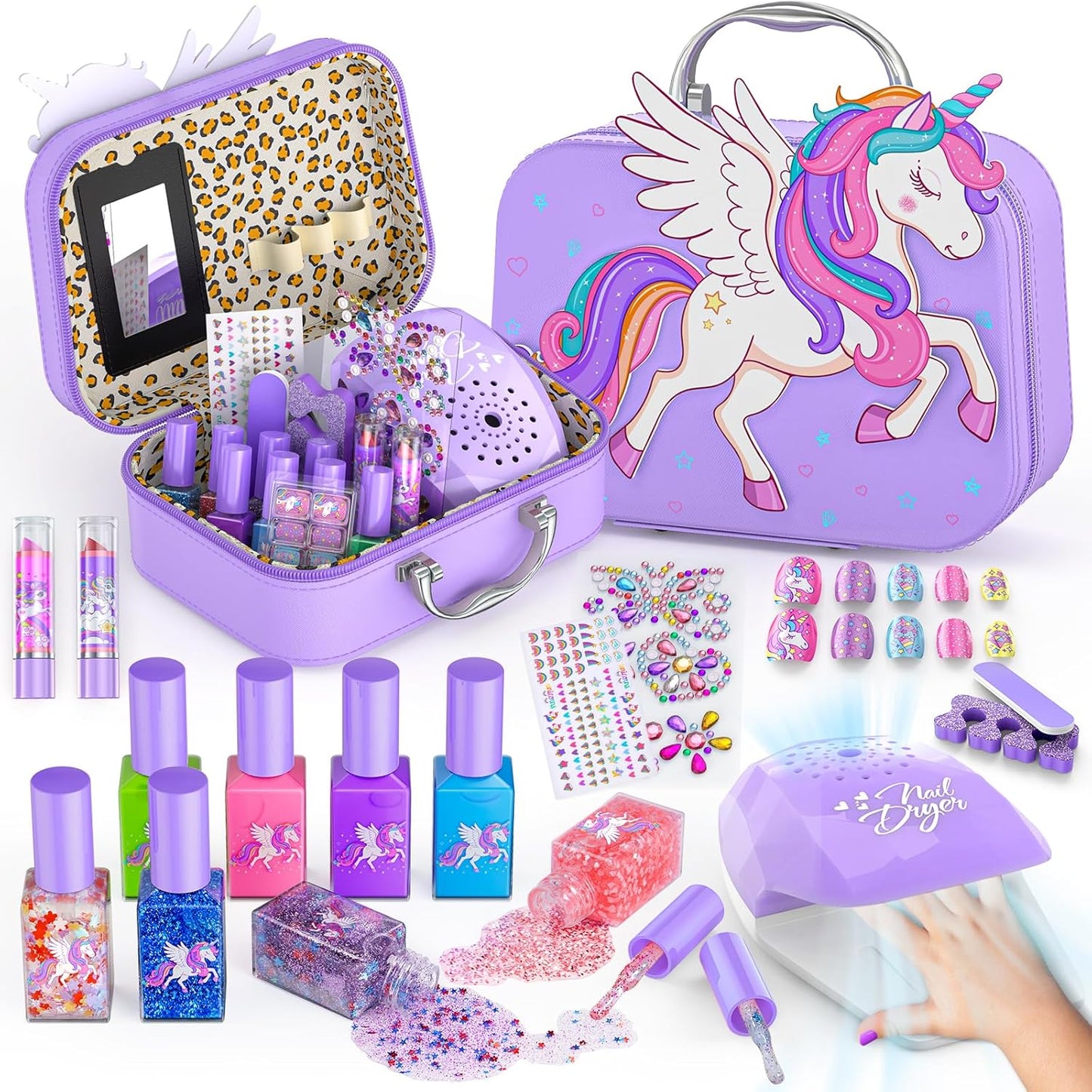 Kids Nail Polish Set for Girls Toys, Washable Quick-Dry Toddler Nail Art Kit with Air Cooling Dryer and Cosmetic Case, Christmas or Birthday Gifts for Girls Ages 3 4 5 6 7 9 10 11 12-Pink