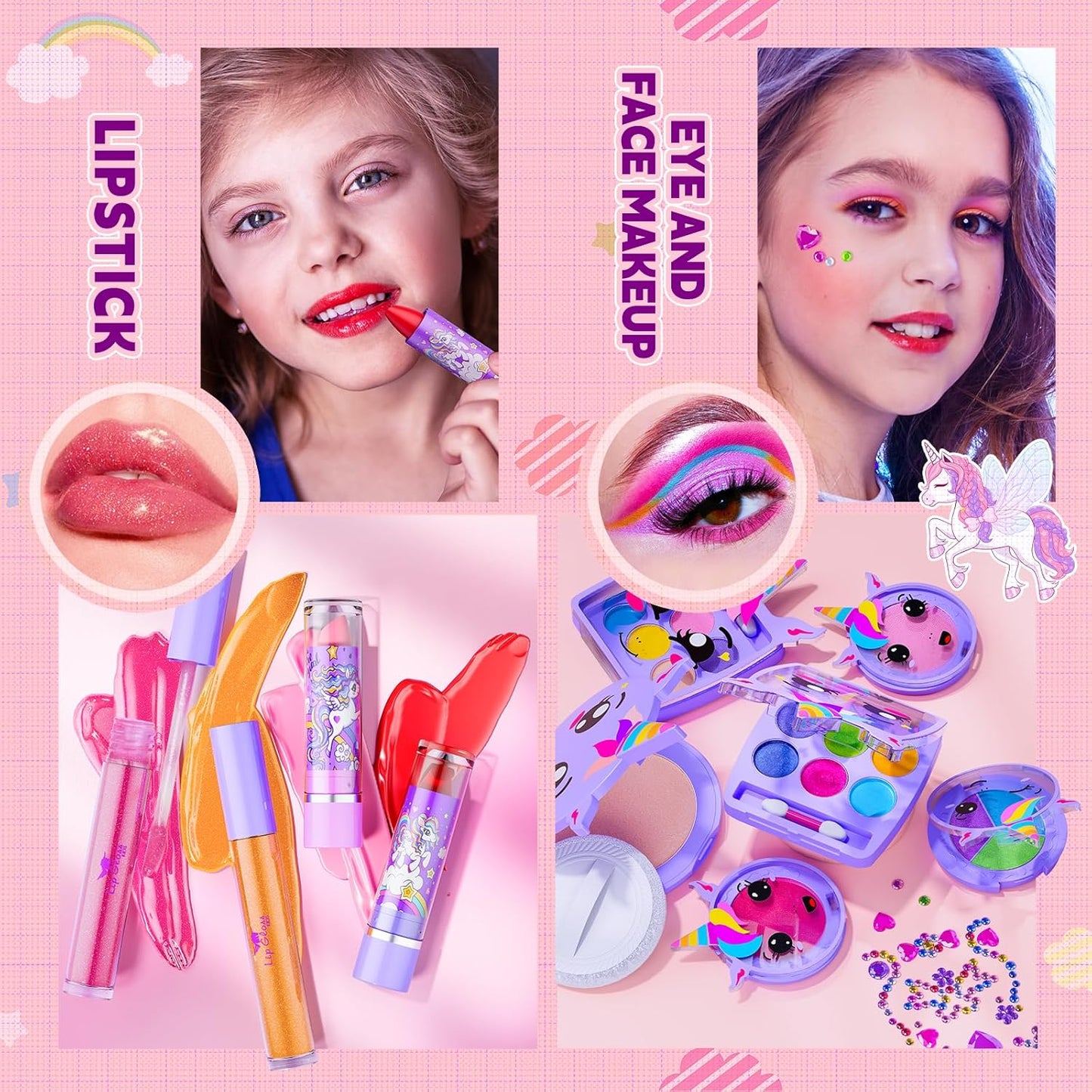 Kids Makeup Kit for Girl - Girls Makeup Kit Toys with Flying Horse Storage Case, Kids Play Makeup Set for Christmas Birthday Gift 3 4 5 6 8 10 11 12+ Years Old