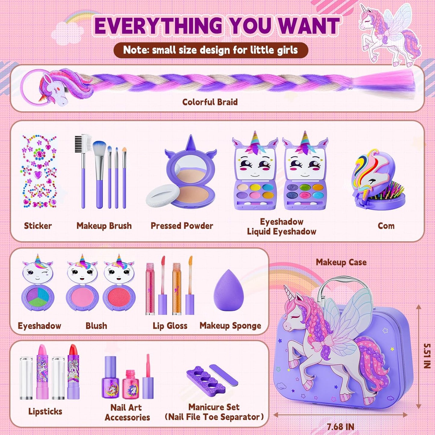 Kids Makeup Kit for Girl - Girls Makeup Kit Toys with Flying Horse Storage Case, Kids Play Makeup Set for Christmas Birthday Gift 3 4 5 6 8 10 11 12+ Years Old