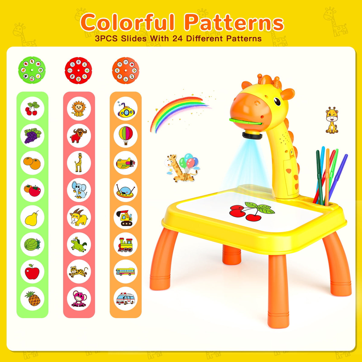 HXFOU 3-in-1 Kids Drawing Projector Kit with Music, Giraffe Shaped Art Tracing Projector for Toddlers, Includes Art Supplies & 72 Patterns, Gift for Ages 3+