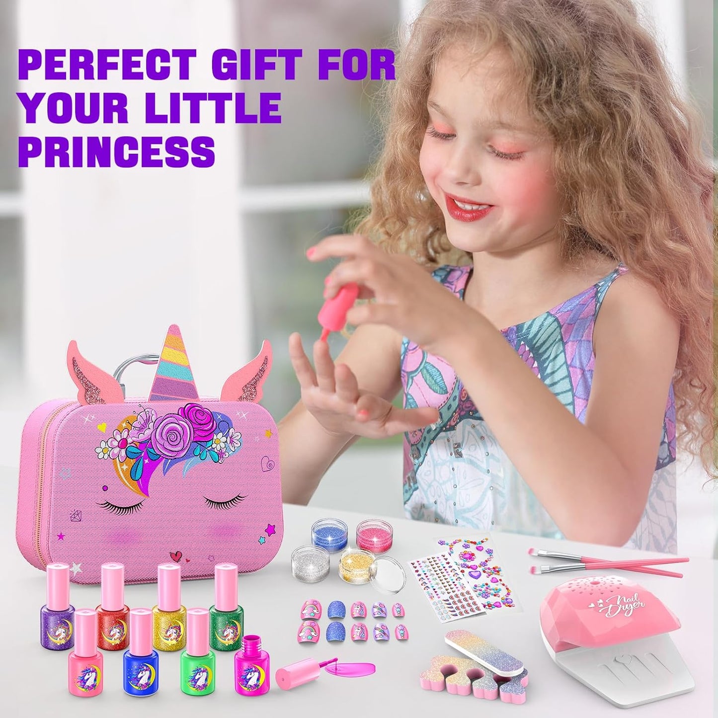 Kids Nail Polish Set for Girls, Non-Toxic Quick Dry Nail Art Salon Kit with Nail Dryer and Peelable Nail Polish,Ideal Gift Toys for Girls Age 3-12