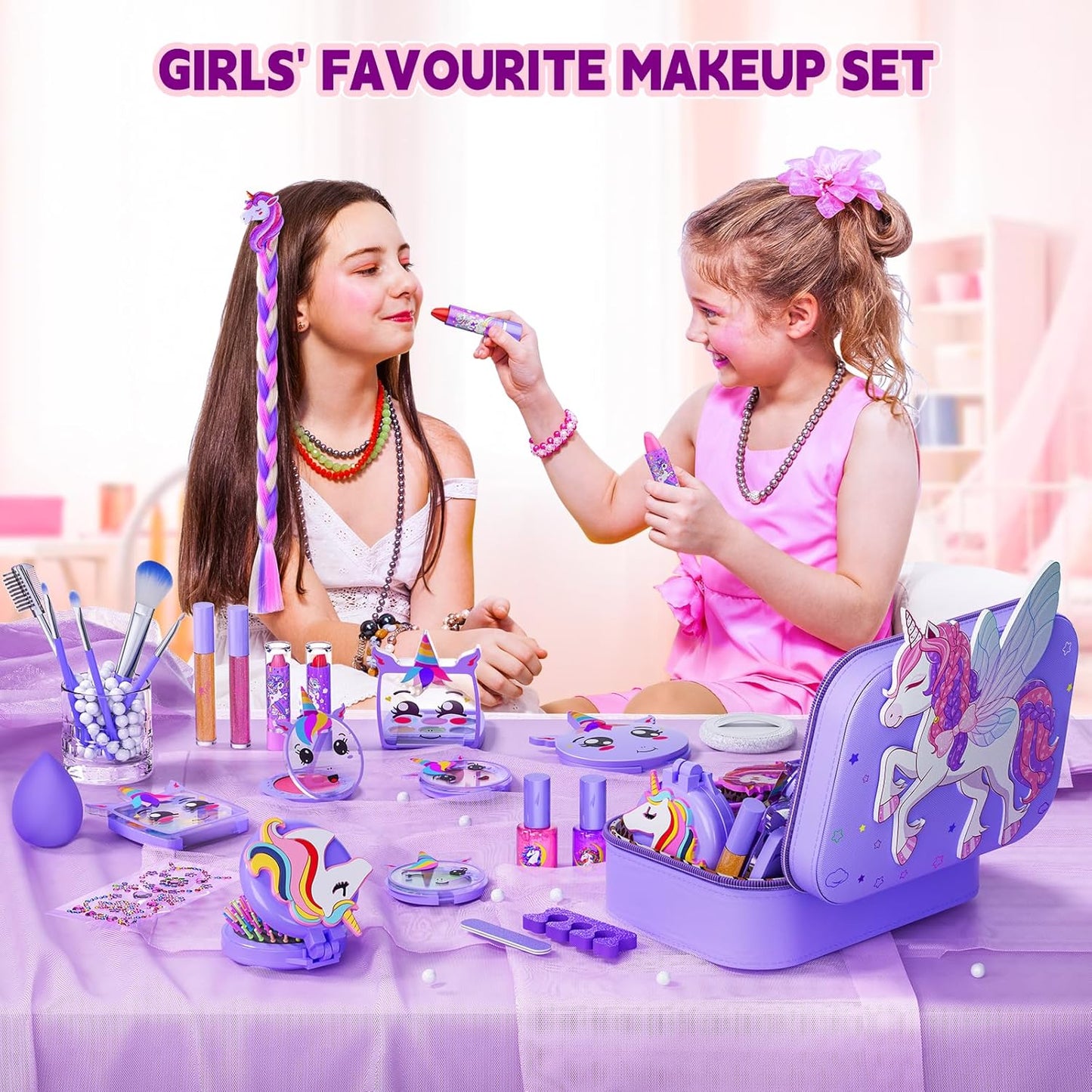 Kids Makeup Kit for Girl - Girls Makeup Kit Toys with Flying Horse Storage Case, Kids Play Makeup Set for Christmas Birthday Gift 3 4 5 6 8 10 11 12+ Years Old
