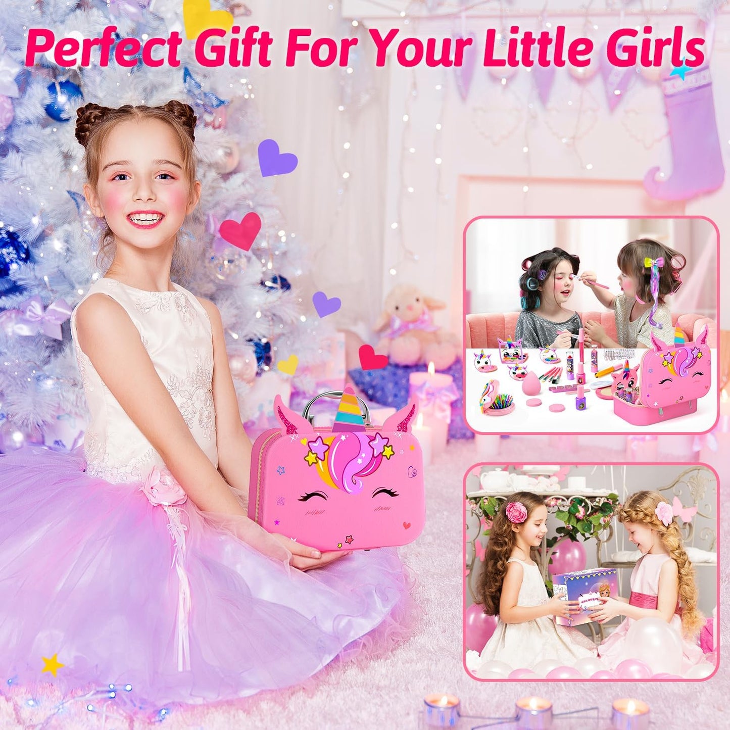 Kids Makeup Kit for Girls, Little Girls Pretend Make Up, Princess Play Makeup Set with Mirror, Toddler Toys Real Washable Cosmetic Set & Nail Kit Birthday Gifts for Ages 3 4 5 6 7 8 9 10-12 Year Old