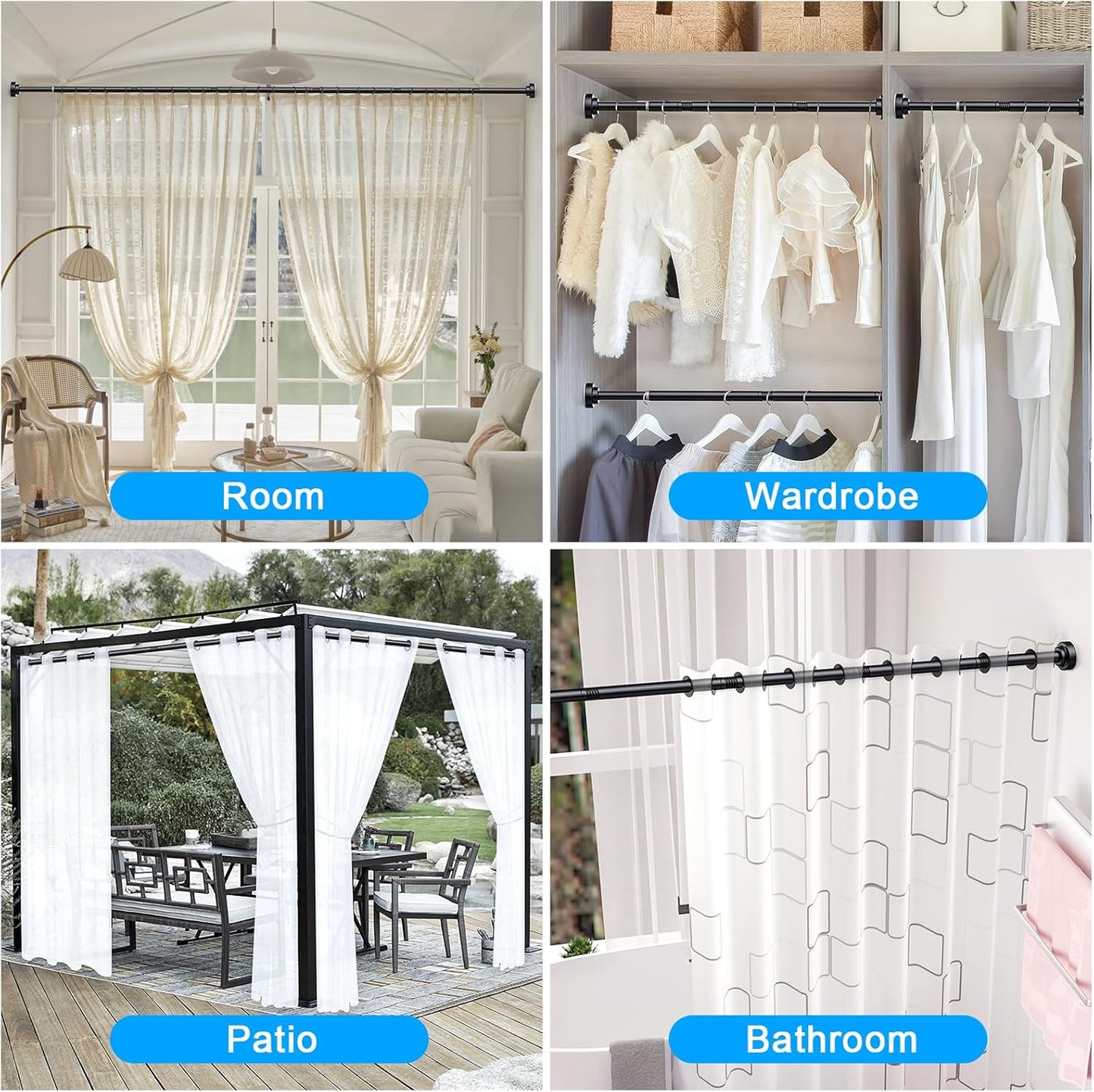 TITGIPE No Drill Telescopic Shower Curtain Rod | 32-104" Adjustable Spring Tension Rod with Anti-Skid Design | Rust-Resistant Stainless Steel for Bathroom