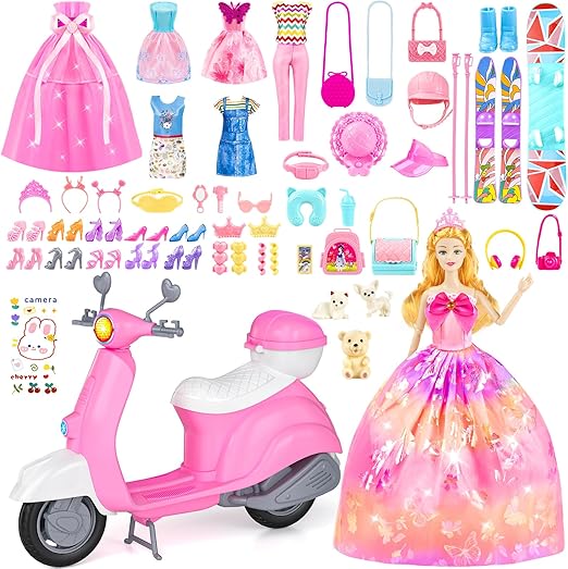 67PCS Doll Playset with Scooter & 11.5 Inch Doll Travel Accessories Skiing Kit, Pet Set, 10 Shoes, 6 Outfits (Wedding Dress/Pantsuit/Casual), Creative Dress Up Toys, Birthday Gifts for Girls Ages 3-12