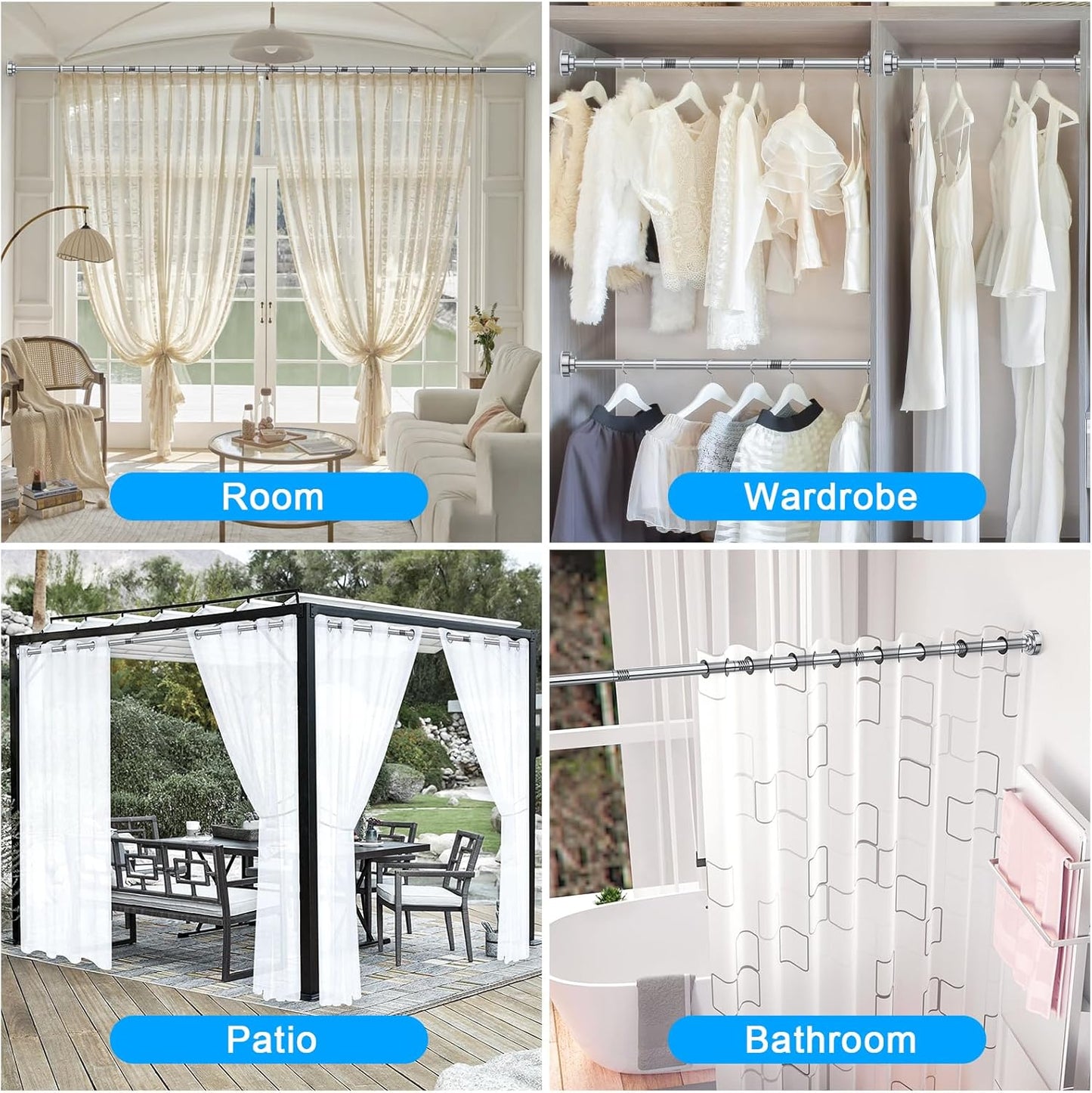 TITGIPE No Drill Telescopic Shower Curtain Rod | 32-68" Adjustable Spring Tension Rod with Anti-Skid Design | Rust-Resistant Stainless Steel for Bathroom