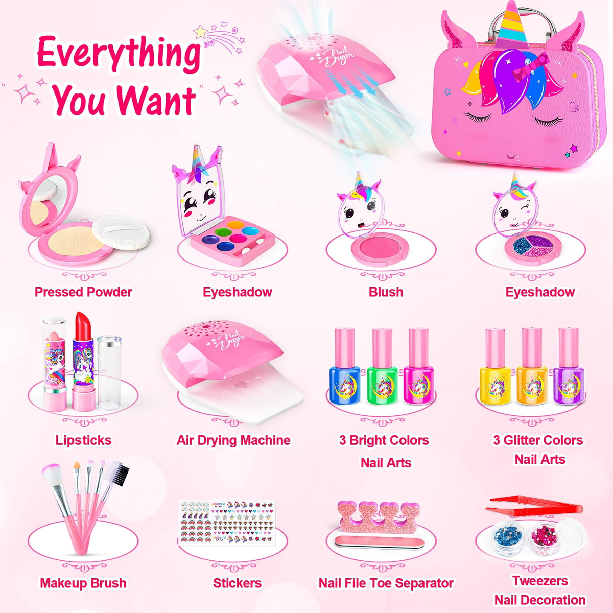 LXUNLN Kids Makeup Kit for Girls Ages 3-12, Unicorn Nail Salon Set & Girl Toy(Pink)