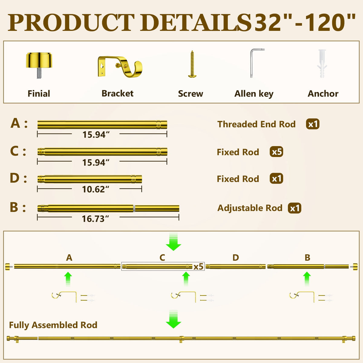 2 Pack Heavy Duty Adjustable Curtain Rods for Windows, 1-Inch Diameter Curtain Rod, 32-120 Inches (Gold)