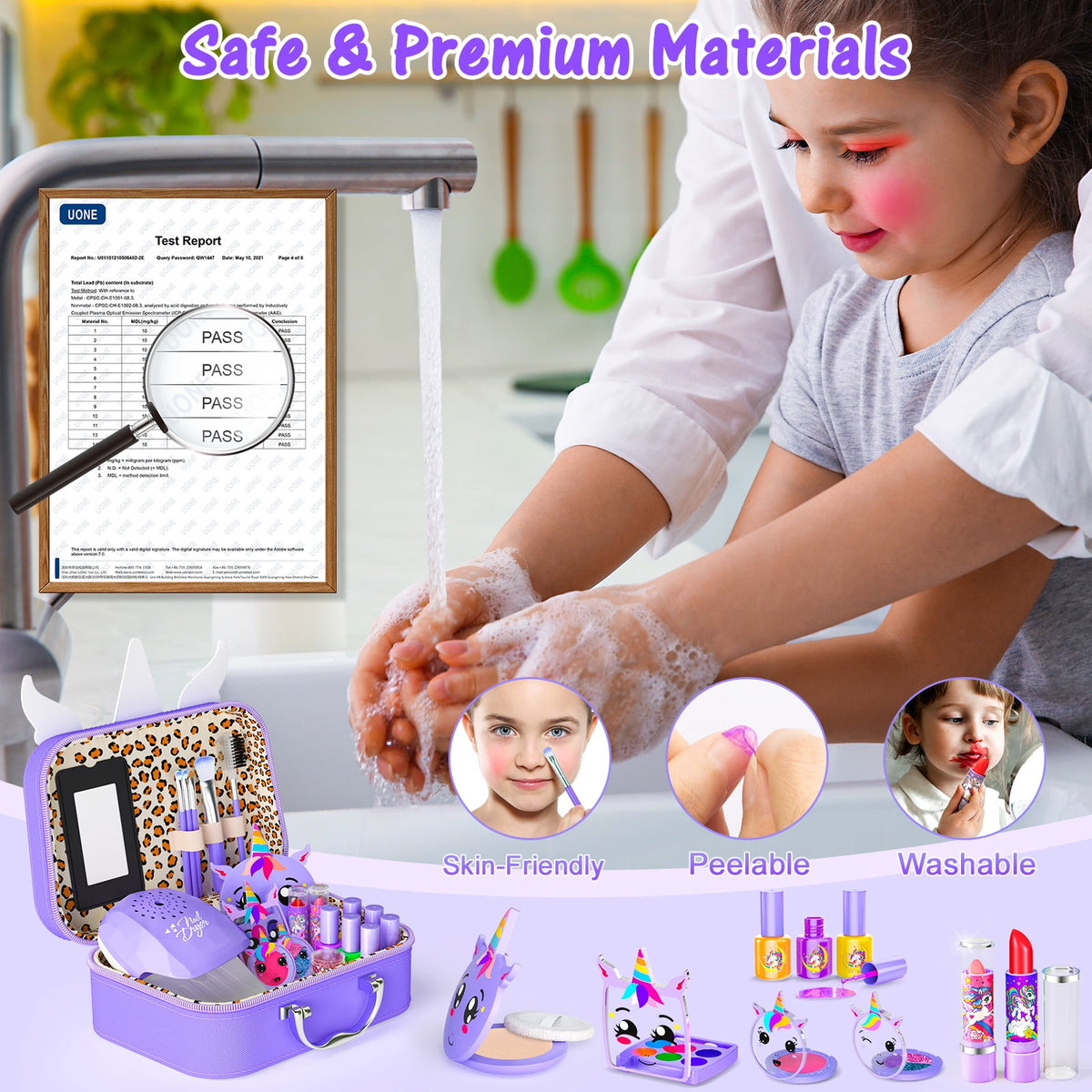 LXUNLN Kids Makeup Kit for Girls Ages 3-12, 2-in-1 Nail Salon Set with Unicorn Case(Purple)
