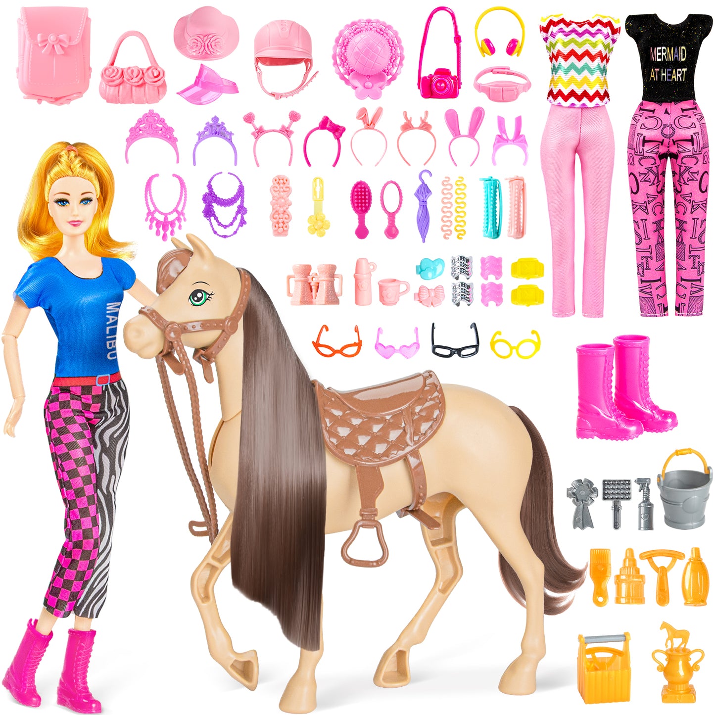 60Pcs Doll & Horse Riding Toy Set, 11.5 Inch Fashion Doll, Poseable Horse & Accessories, Ideal Gift for Girls 3+