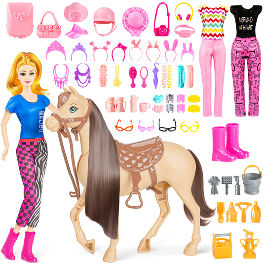 LXUNLN 60PCS Doll & Horse Playset, 11.5 Inch Blonde Fashion Doll with Riding Horse, Horse Grooming Accessories, Dress-Up Doll Accessories Set, Pretend Play Toy for Girls Ages 3+
